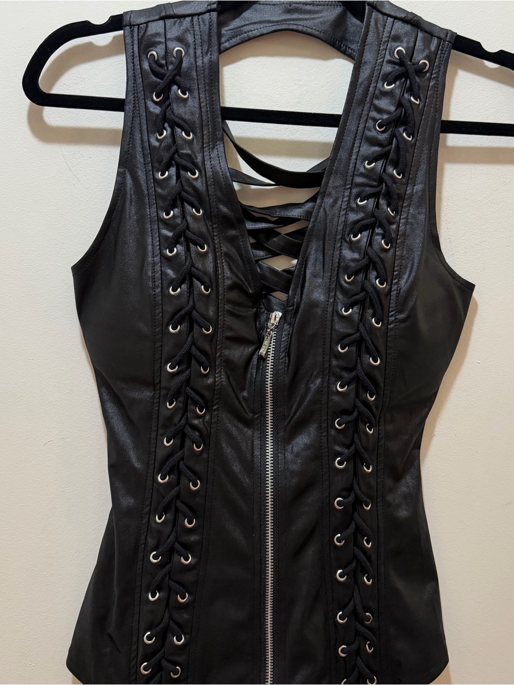 Oh Yes! Faux Leather Front Lace-Up Zip-Up Corset Top - Picture 5 of 11
